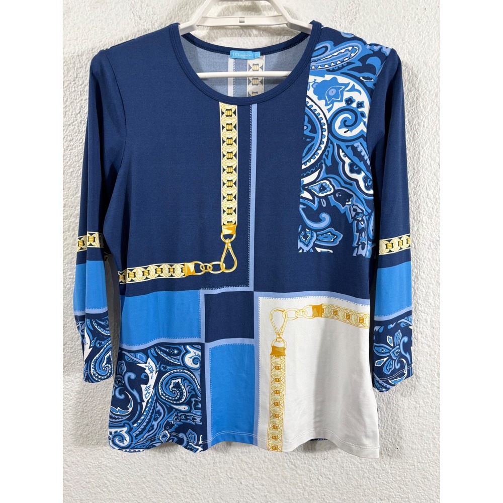 J. McLaughlin Top Medium Blue Paisley Scarf Print 3/4 Sleeve Catalina‎ Cloth